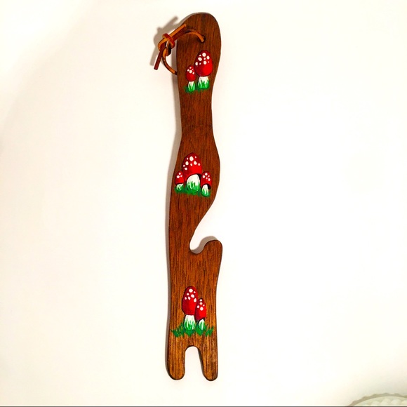Vintage Wooden Kitchen Utensil w/ Hand Painted Mushrooms - Picture 1 of 4